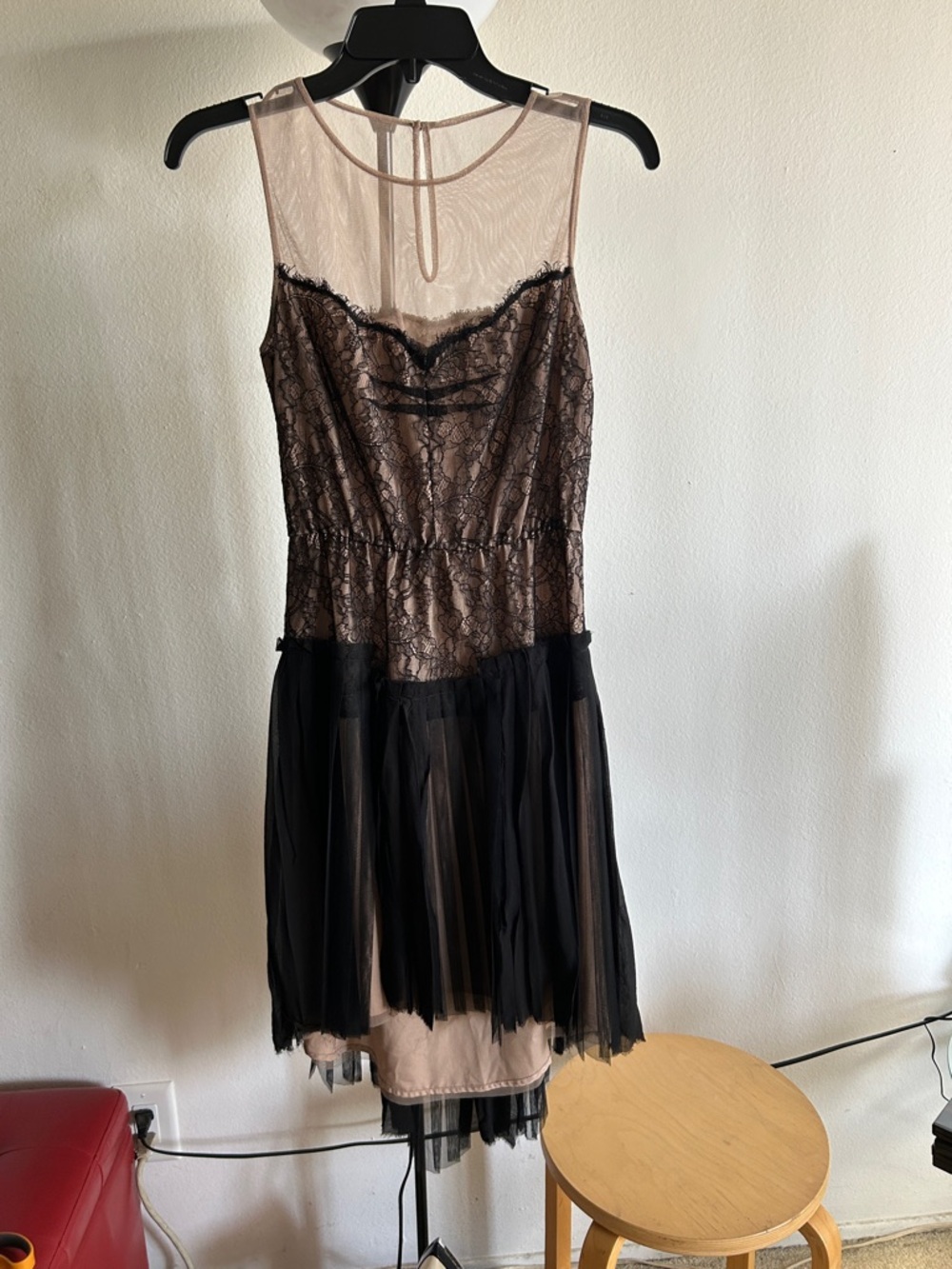 BCBGMaxAzria Black Lace Overlay Midi Dress with Nude Lining